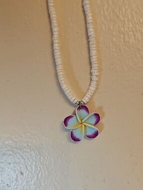 White Beaded Necklace with Purple & Teal Flower Pendant